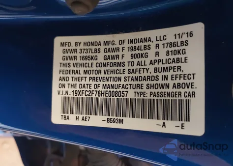 2017 Honda Civic Ex из США, поврежденный, VIN 19XFC2F76HE008057